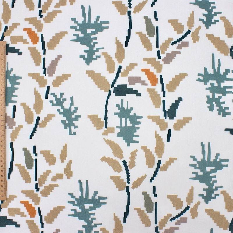 Katoenen stof met pixelbloemenprint - gebroken wit en beige