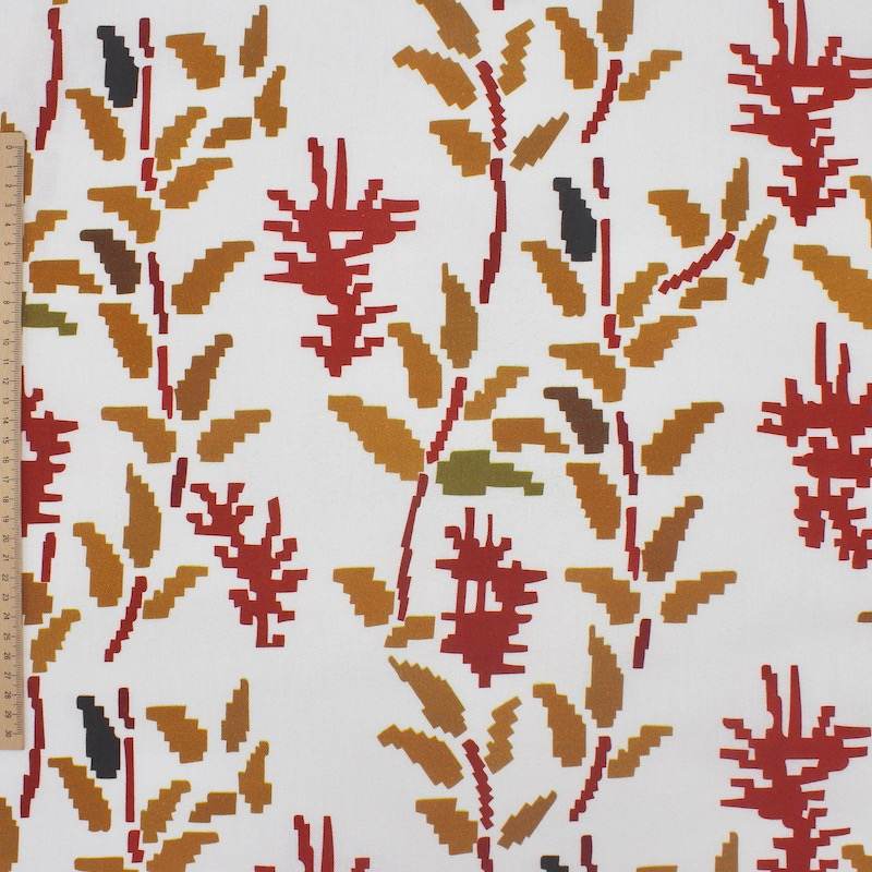 Pixel flower print cotton fabric - off-white and rust