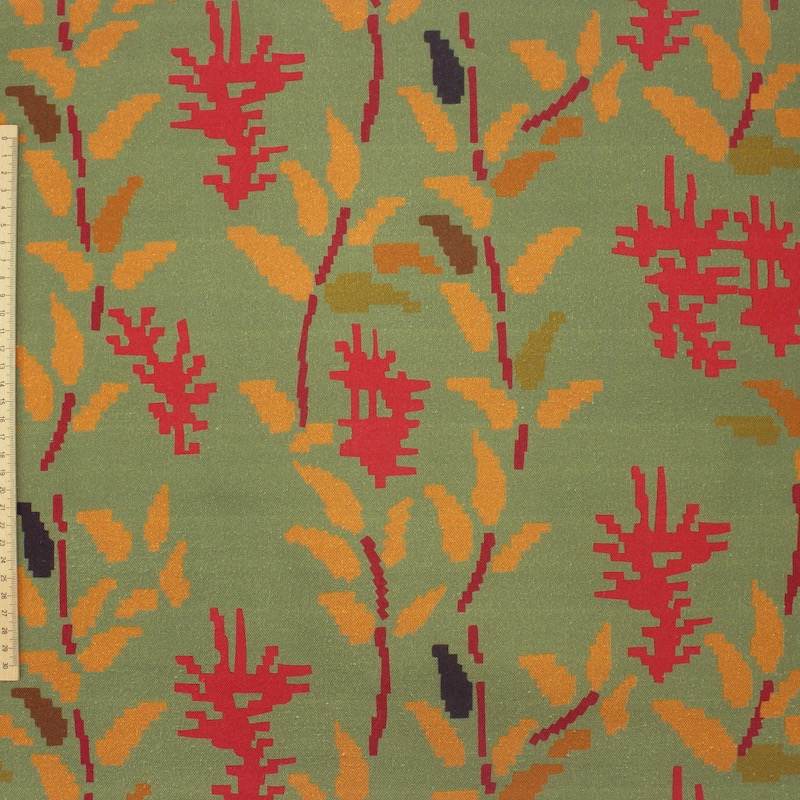 Pixel flower print cotton fabric - khaki and rust