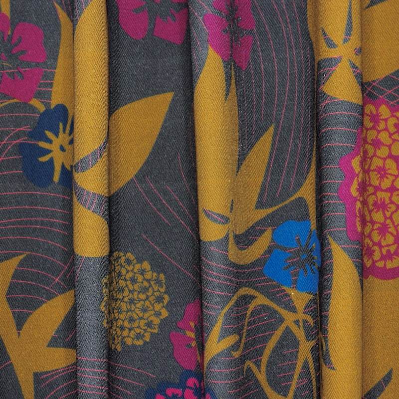 Floral cotton twill fabric - anthracite