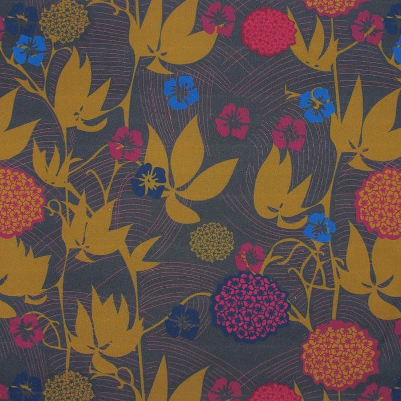 Floral cotton twill fabric - anthracite