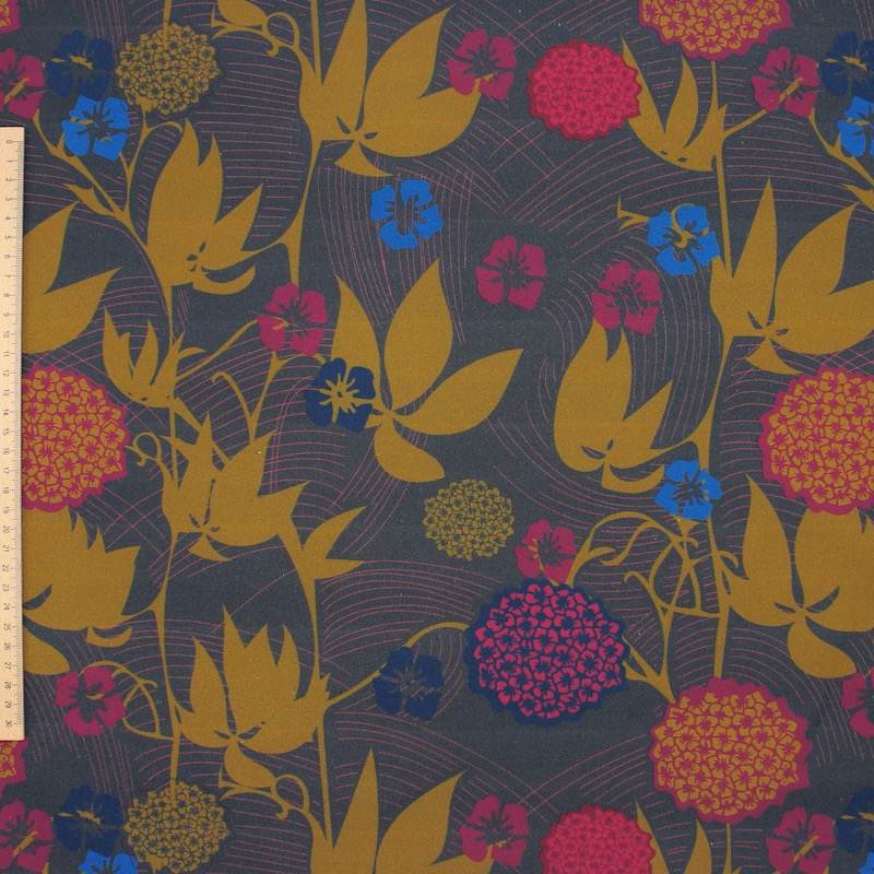 Floral cotton twill fabric - anthracite