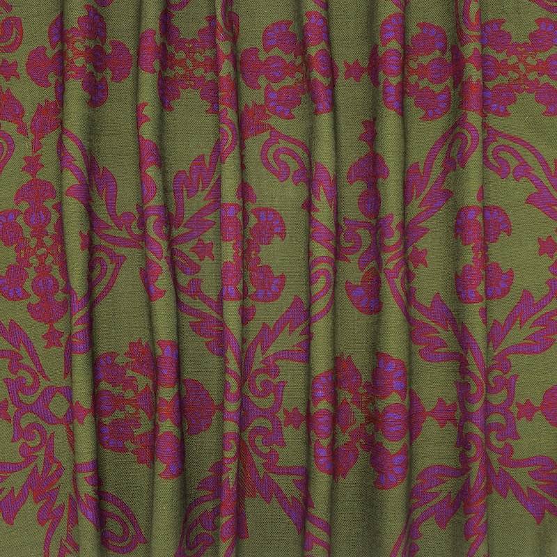 Tissu viscose et linmotif rouge et mauve - kaki