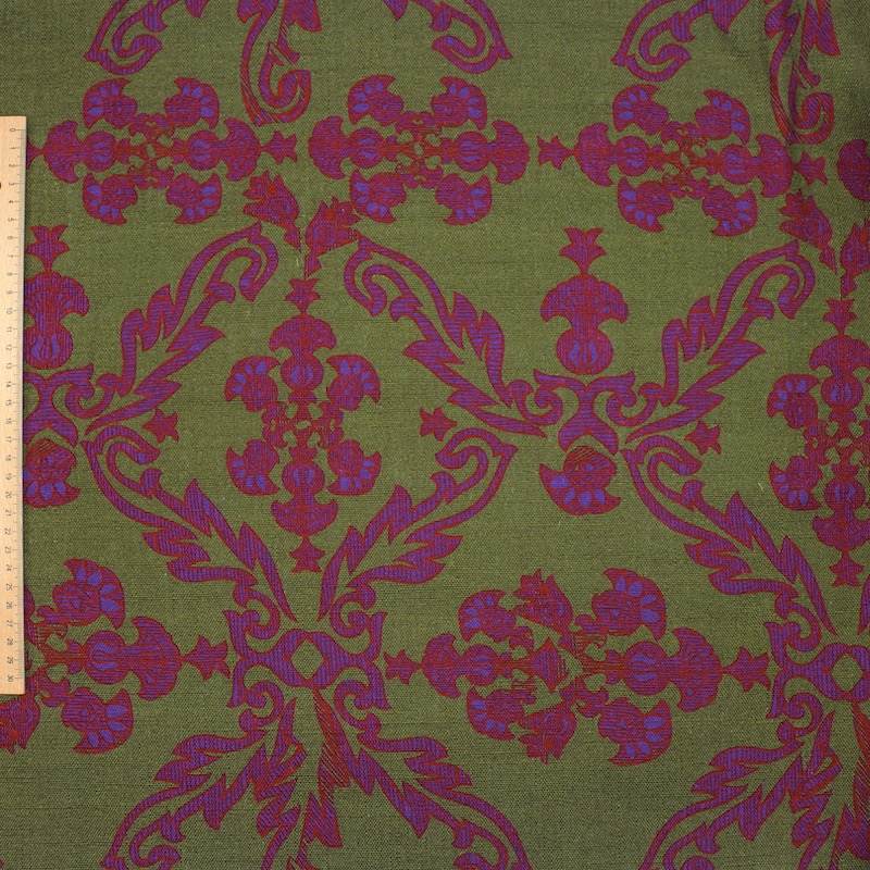 Tissu viscose et linmotif rouge et mauve - kaki