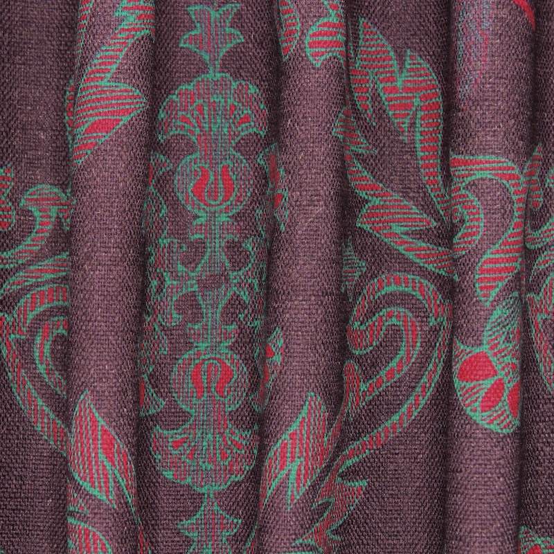 Red and turquoise patterned viscose and linen fabric - plum