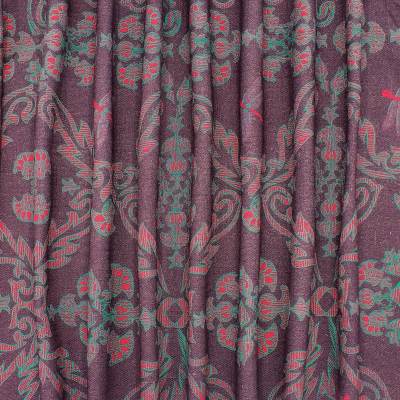 Red and turquoise patterned viscose and linen fabric - plum