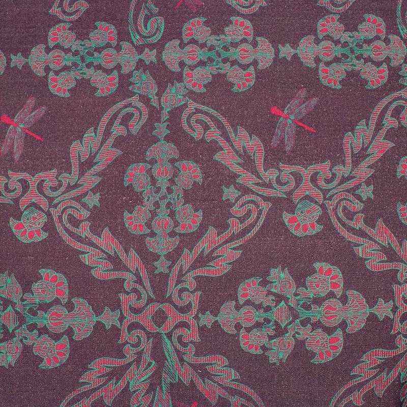 Red and turquoise patterned viscose and linen fabric - plum