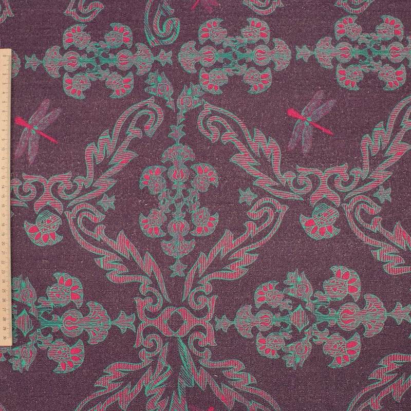 Red and turquoise patterned viscose and linen fabric - plum