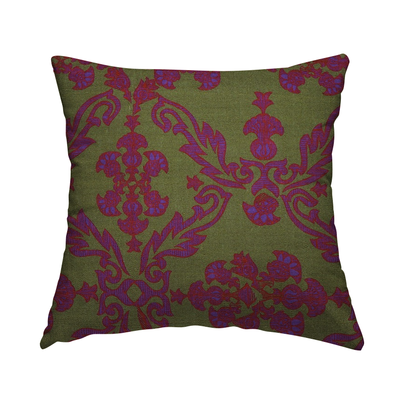 Tissu viscose et lin  motif rouge et mauve - kaki