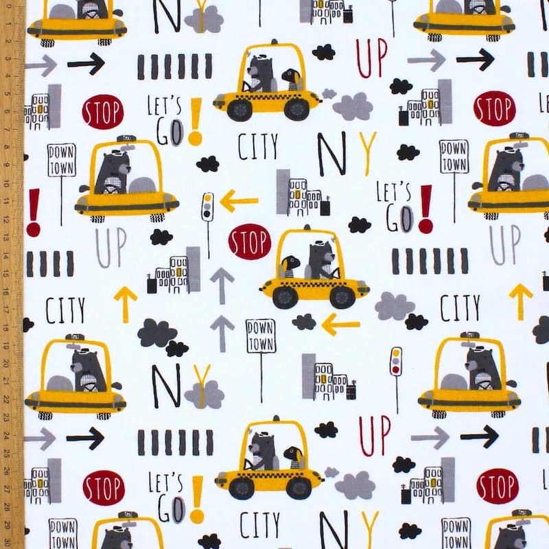 Tissu coton taxi et ours - jaune et gris 