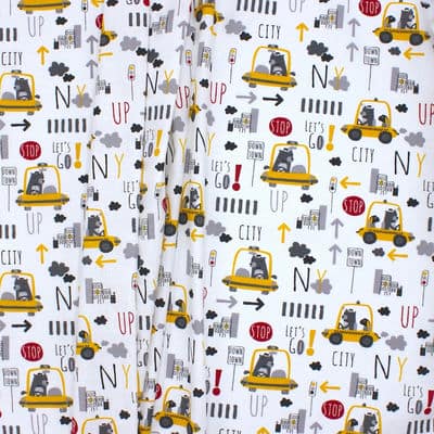 Tissu coton taxi et ours - jaune et gris 