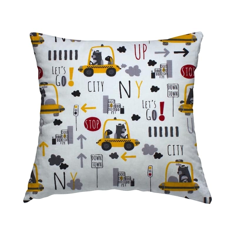 Tissu coton taxi et ours - jaune et gris 