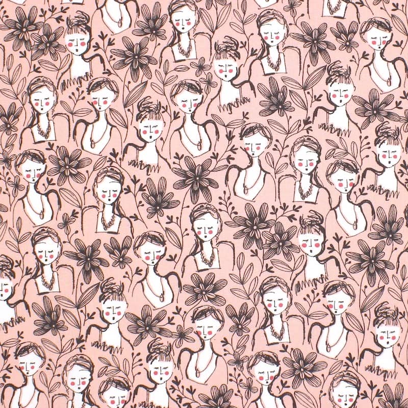 Cotton with "woman and flower" - pink