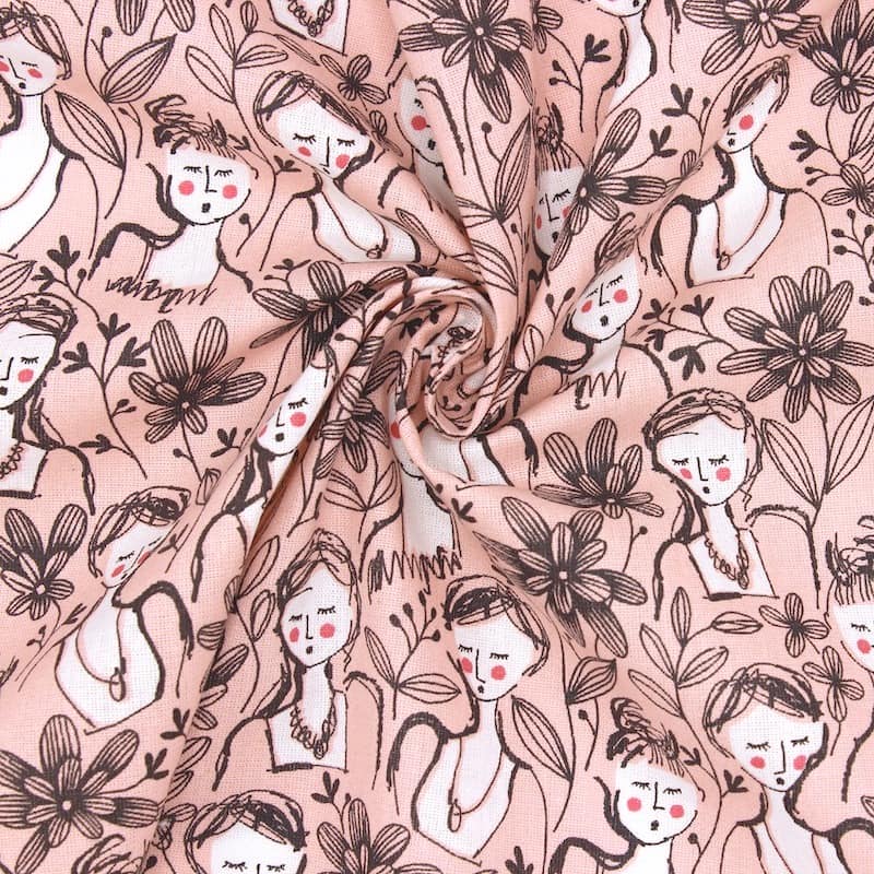 Cotton with "woman and flower" - pink