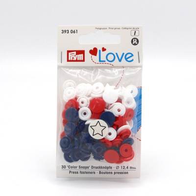 Boutons pression Prym Love bleu, blanc et rouge