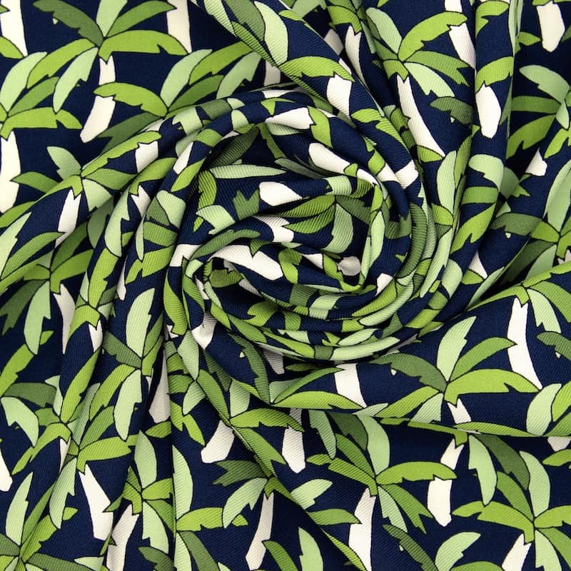 Viscose fabric with palm trees - green / navy blue