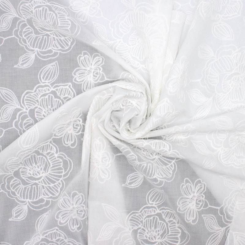 Cotton voile embroidered with flowers - white