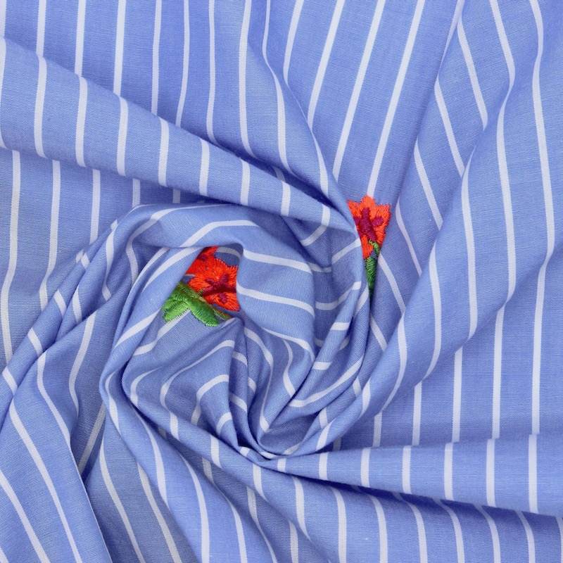 Striped cotton voile with floral embroidery - blue