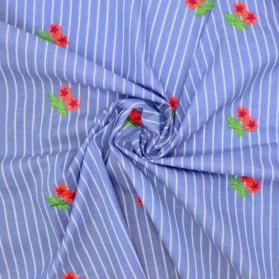 Striped cotton voile with floral embroidery - blue