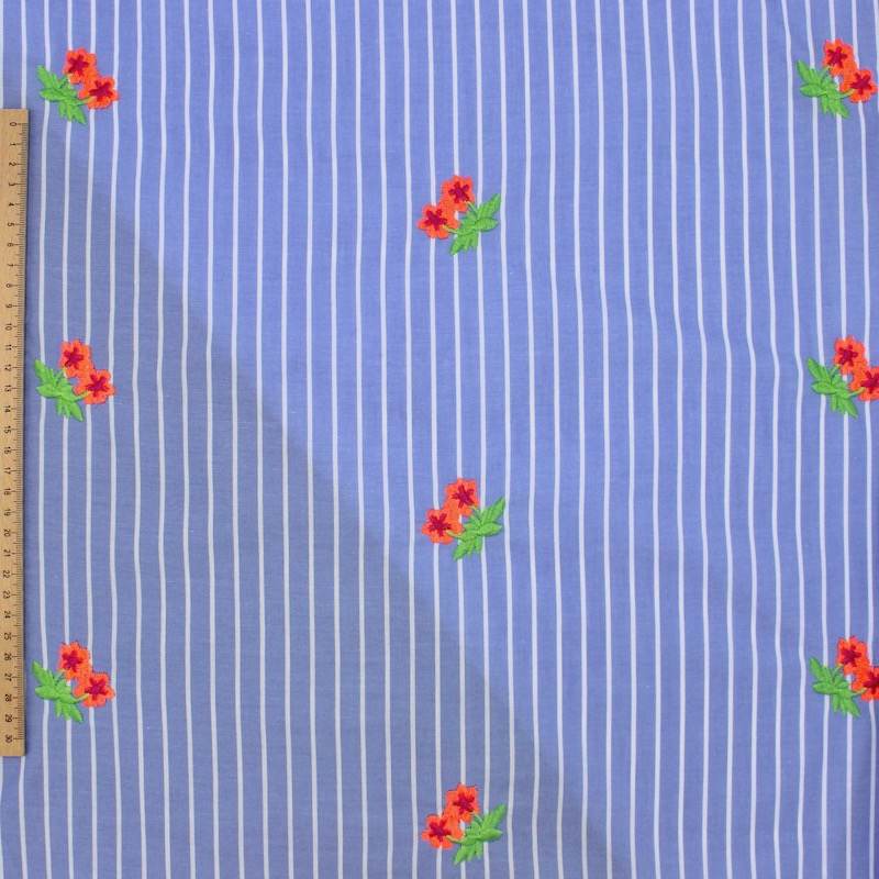 Striped cotton voile with floral embroidery - blue