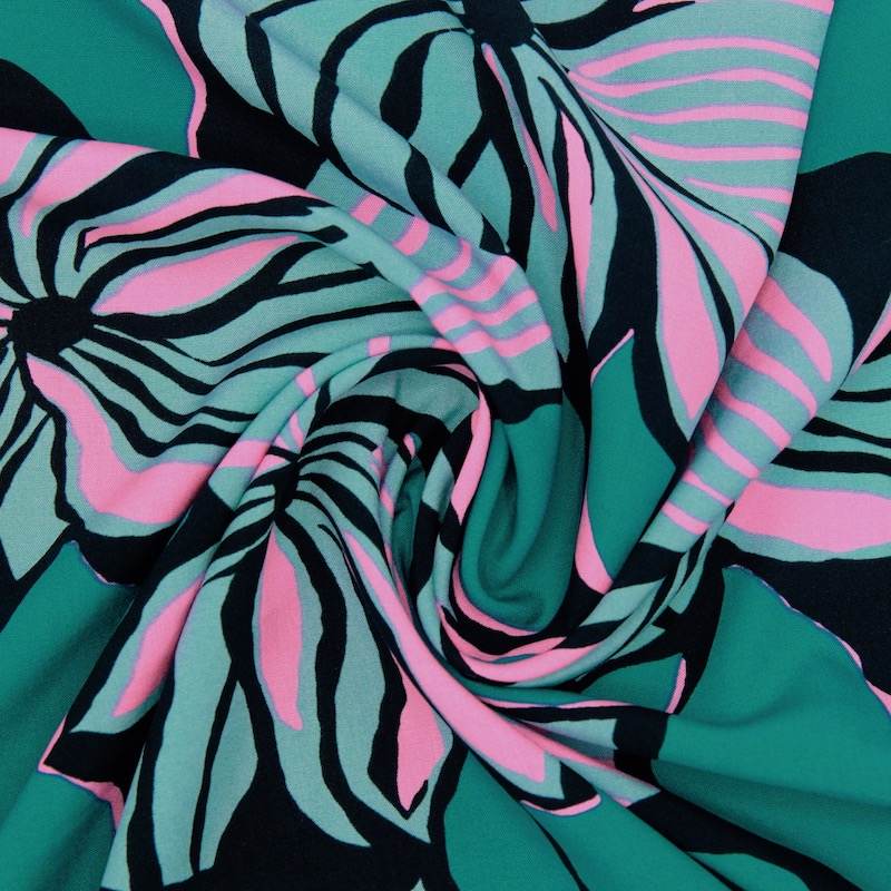 Floral printed viscose fabric - teal