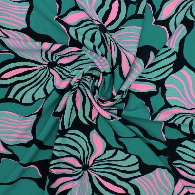 Viscose stof met bloemenprint - Blauwgroen