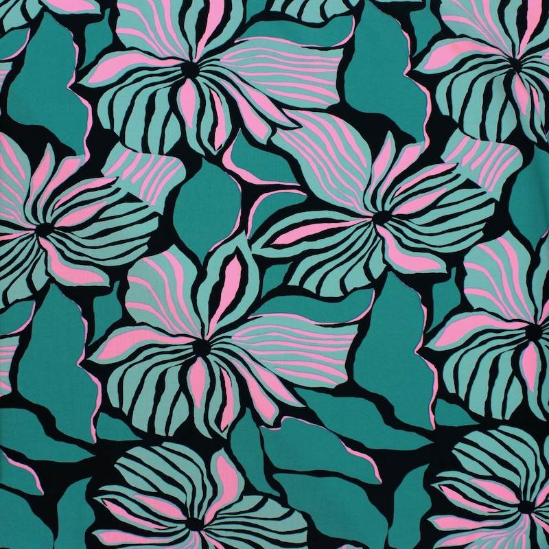 Floral printed viscose fabric - teal