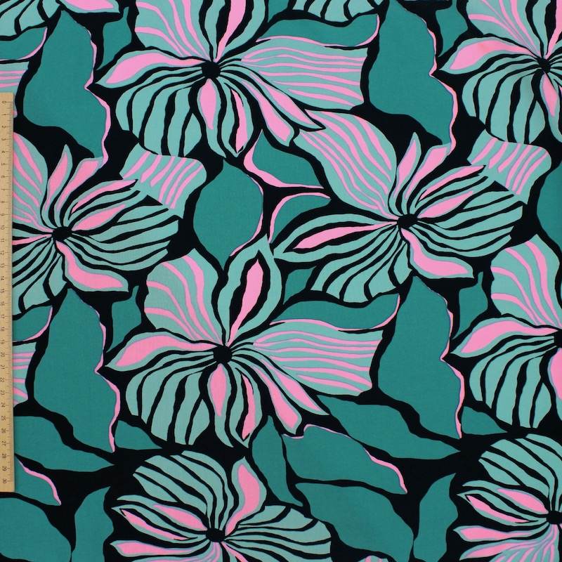 Floral printed viscose fabric - teal