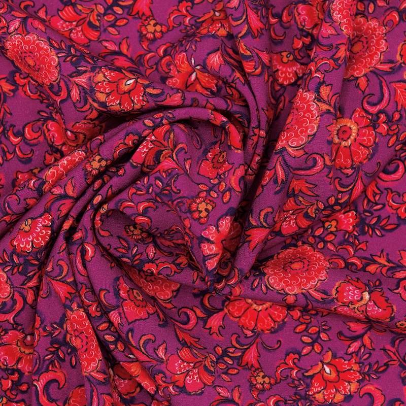 Viscose stof met bloemenprint en stretch - pruim