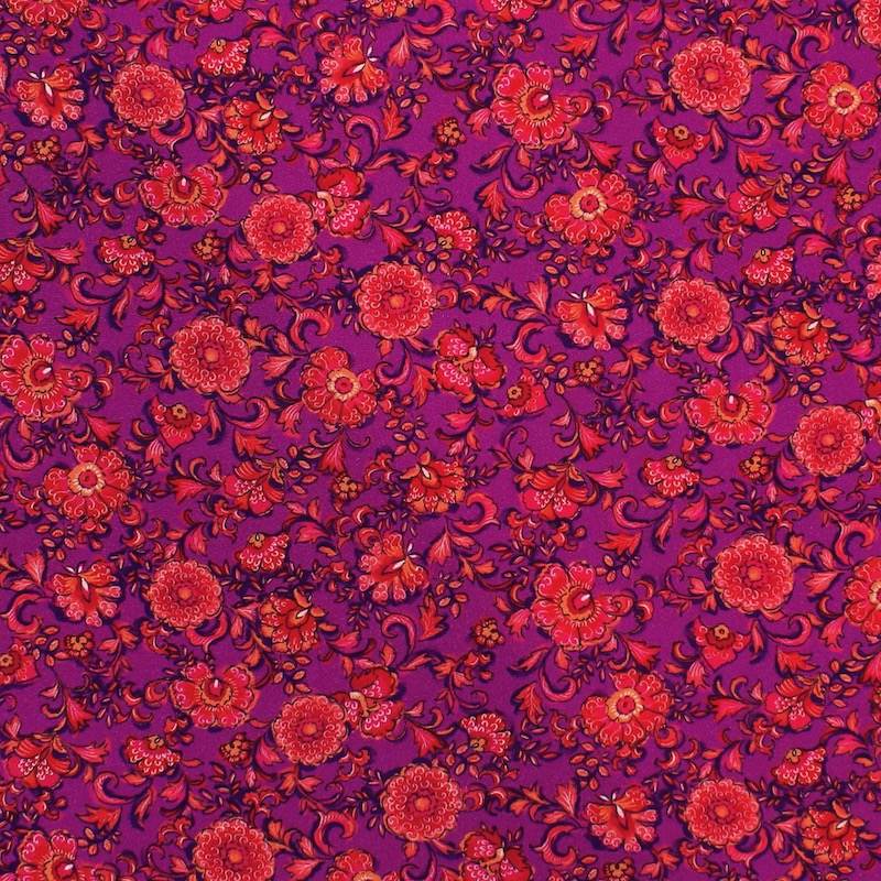 Floral print stretch viscose fabric - plum