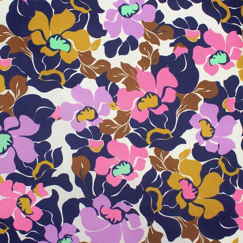 Cotton satin fabric with flowers - multicolored