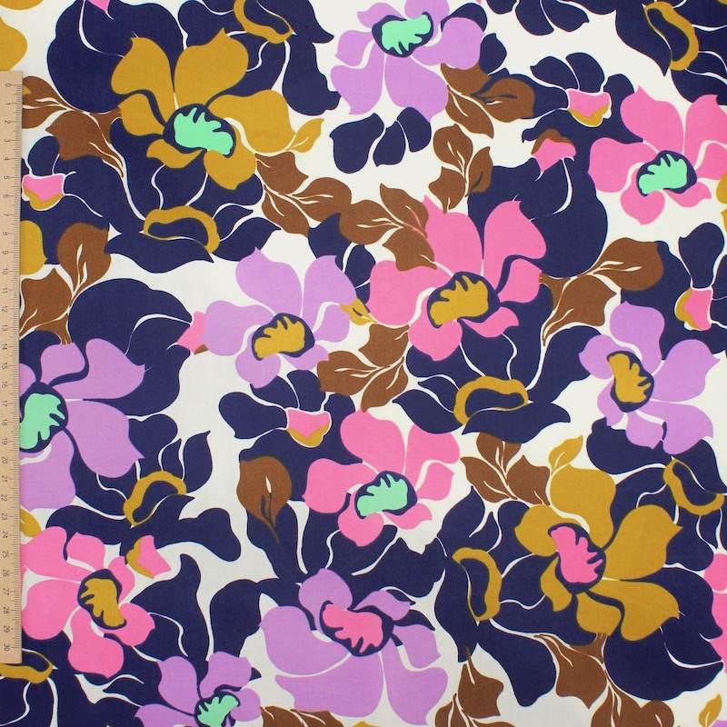 Cotton satin fabric with flowers - multicolored