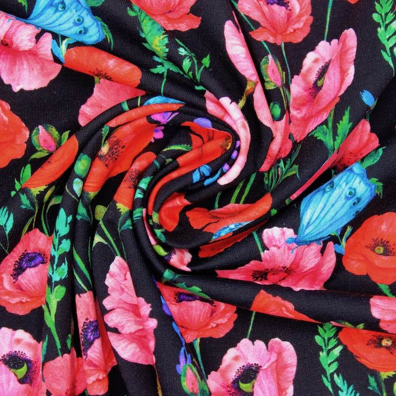 French Terry fabric - flowers - black