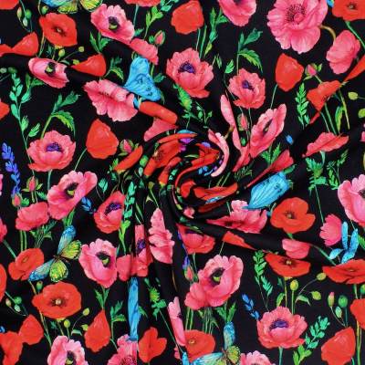 French Terry fabric - flowers - black