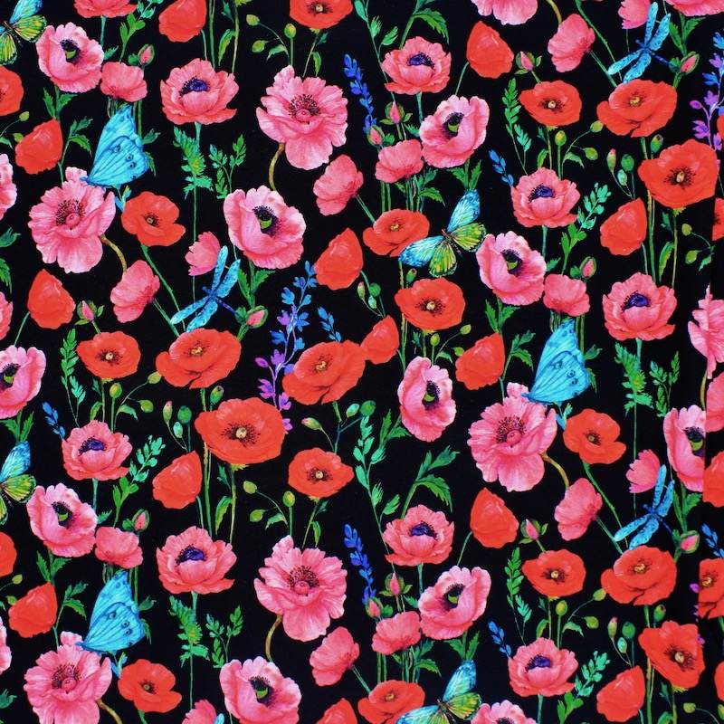 French Terry fabric - flowers - black