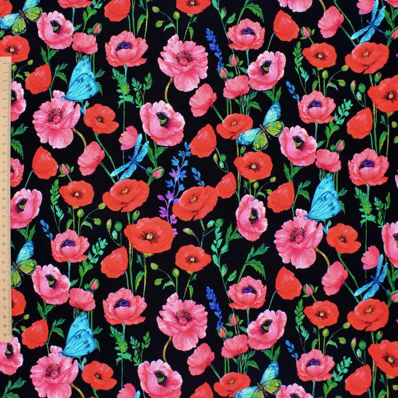 French Terry fabric - flowers - black