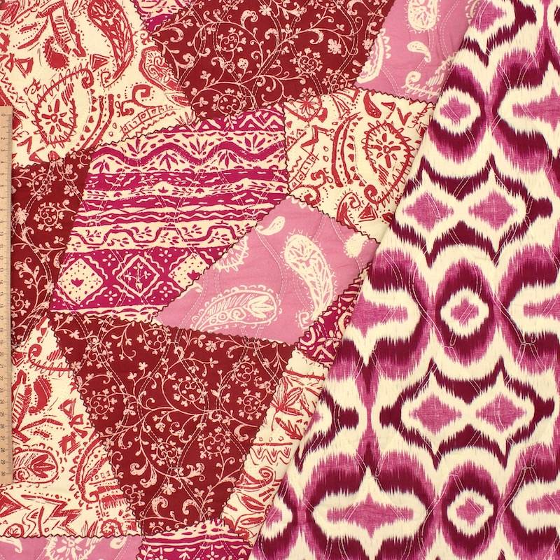 Tissu matelassé double face - écru, bordeaux et fuchsia 