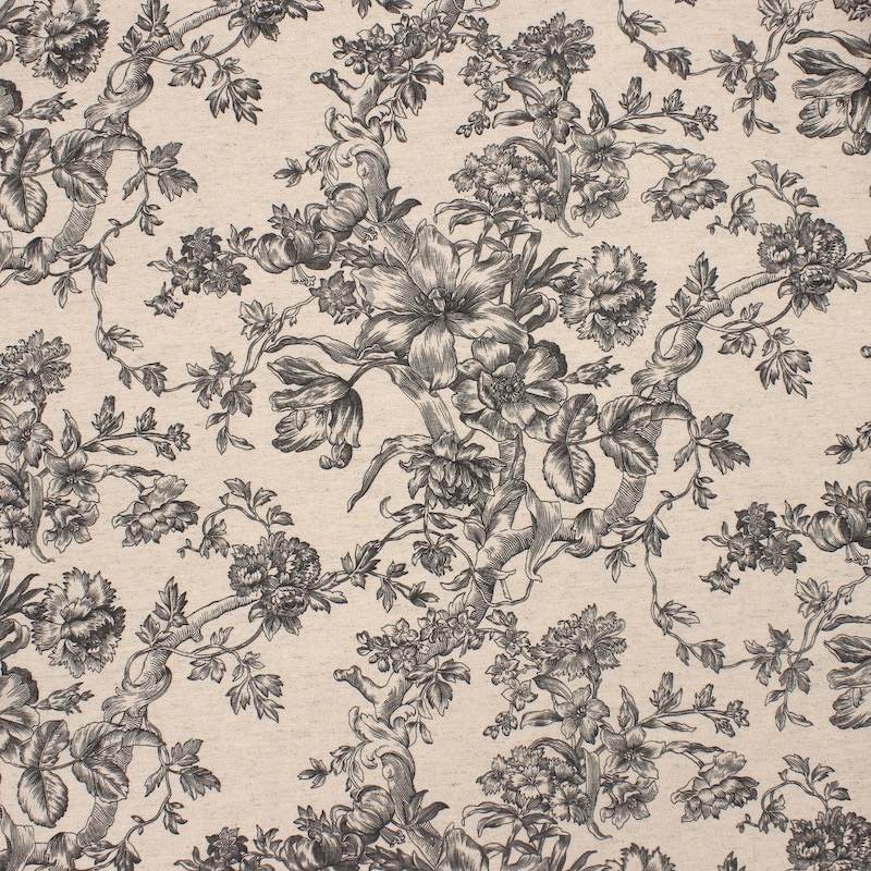 Tissu ameublement inspiration toile de jouy - écru / noir