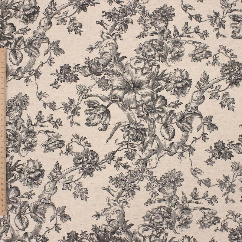 Toile de Jouy inspired upholstery fabric - ecru / vavy blue