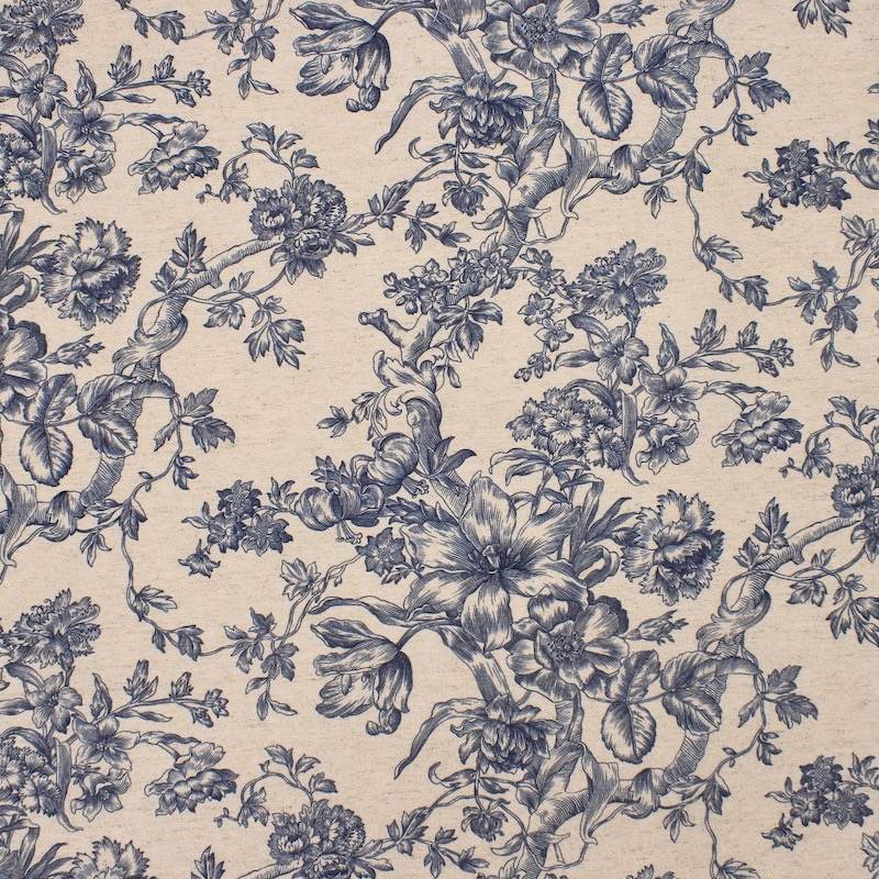 Toile de Jouy inspired upholstery fabric - ecru / vavy blue