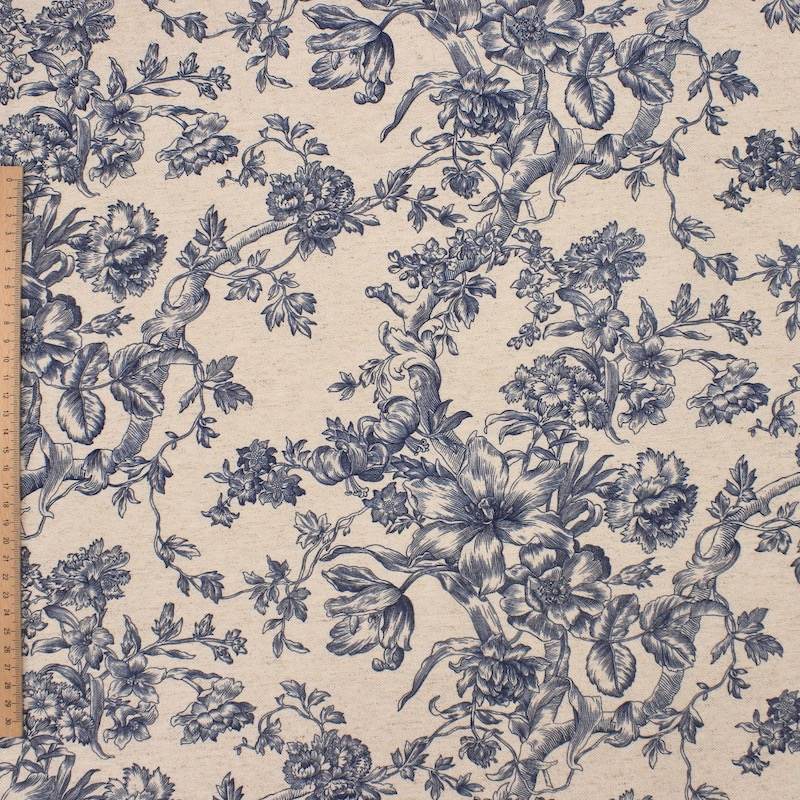 Toile de Jouy inspired upholstery fabric - ecru / vavy blue