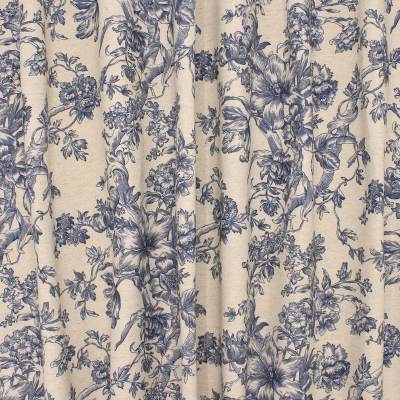 Toile de Jouy inspired upholstery fabric - ecru / vavy blue