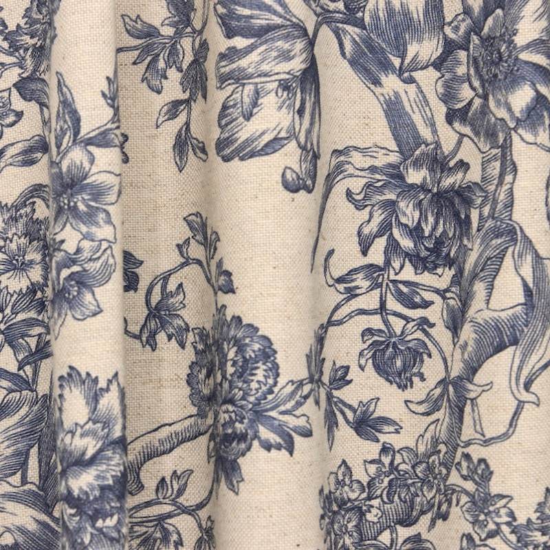 Toile de Jouy inspired upholstery fabric - ecru / vavy blue