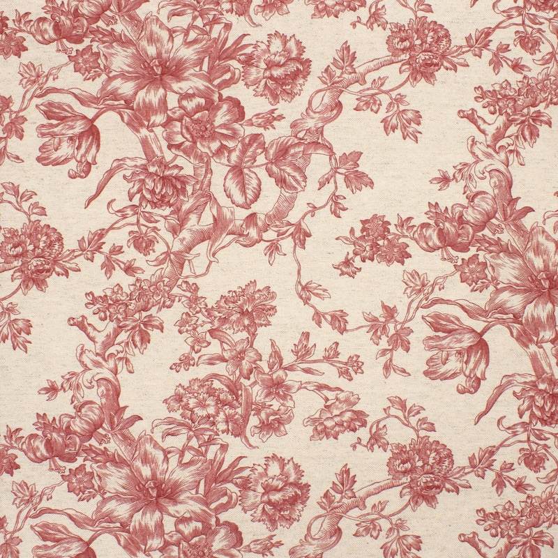 Tissu ameublement inspiration toile de jouy - écru / rouge