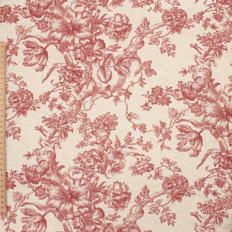 Tissu ameublement inspiration toile de jouy - écru / rouge