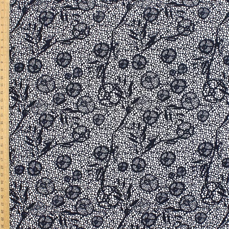 Cotton poplin with lace flowers - black / white