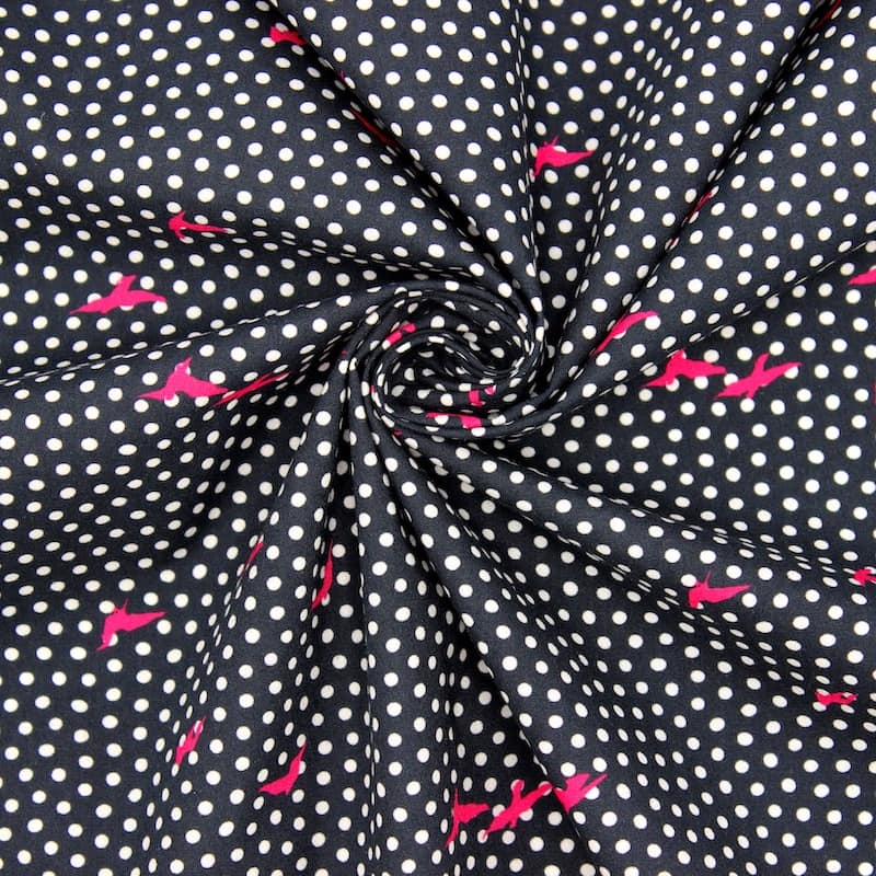 Poplin cotton with dots and birds - black/white