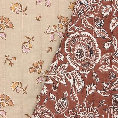 Tissu matelassé double face fleurs - rouille/beige