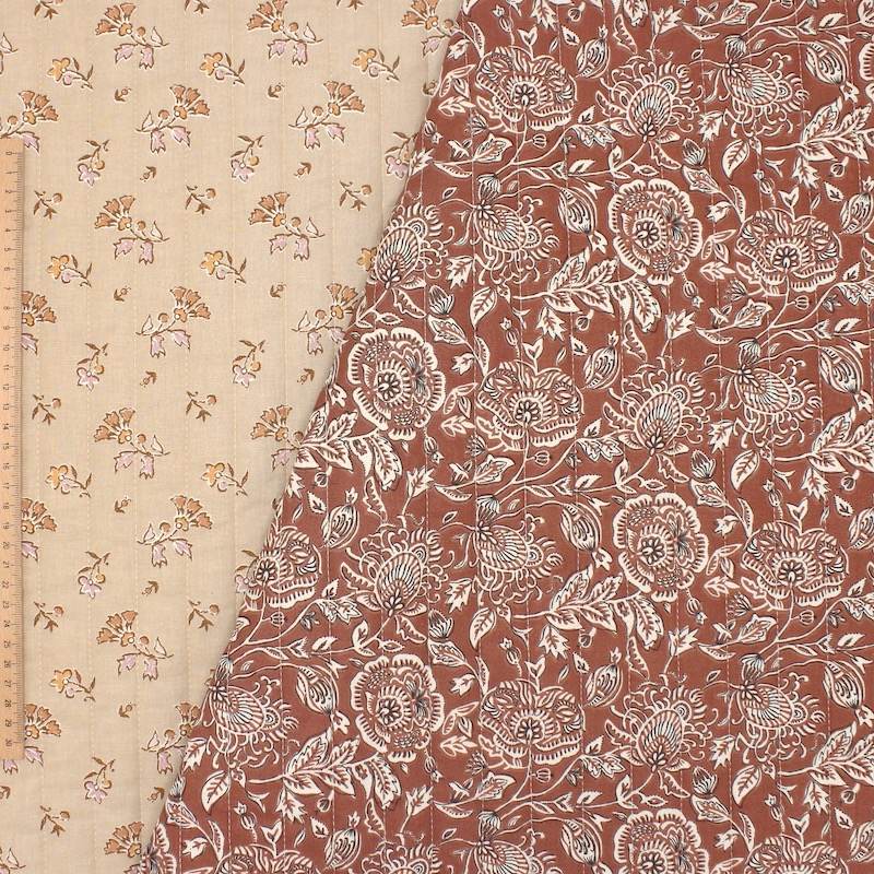 Tissu matelassé double face fleurs - rouille/beige