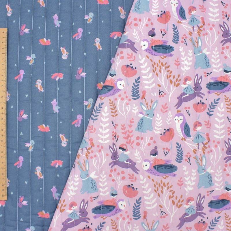 Double-faced quilted animal fabric - lilac/jeans